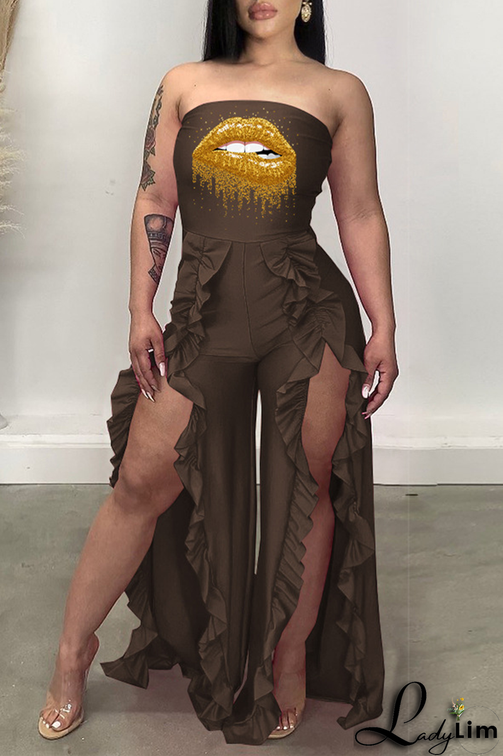 Black Sexy Print Flounce Strapless Boot Cut Jumpsuits