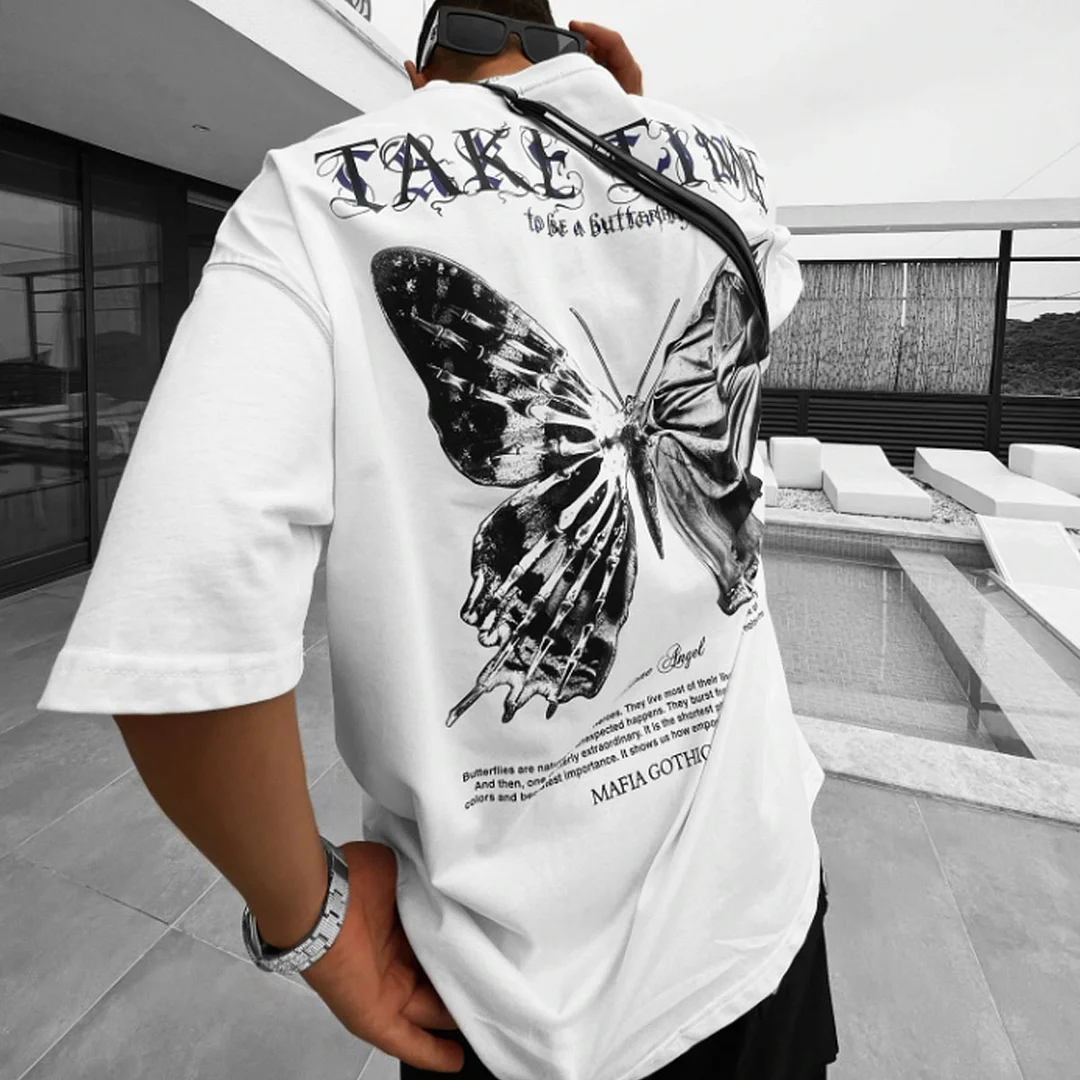 Men's Oversized Take Time Butterfly Print T-Shirt-White