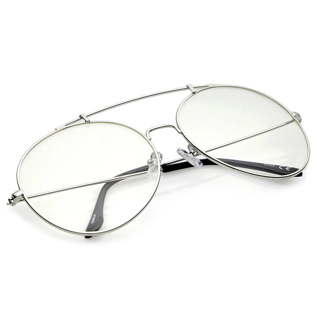 Classic Oversize Metal Frame Slim Temple Crossbar Clear Lens Round Eyeglasses 59mm
