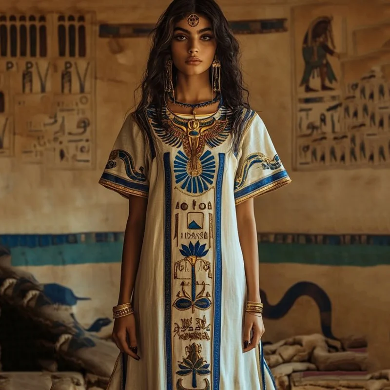 Women's Vintage Ancient Egyptian Pattern Casual Linen Dress