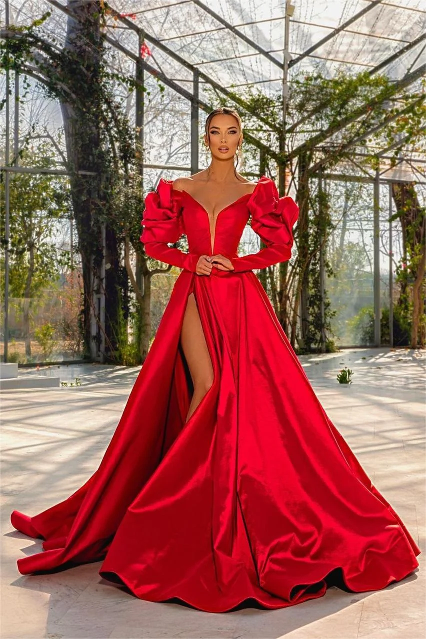 Daisda Charming Red Long Sleeves A-Line Prom Dress With Split