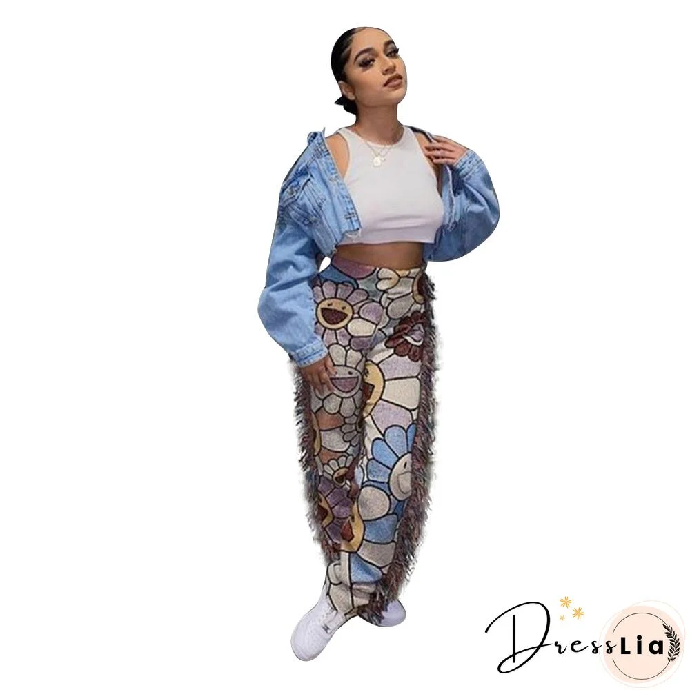 Side Tassels Patchwork Elastic Waist Women Print Jogger Pant