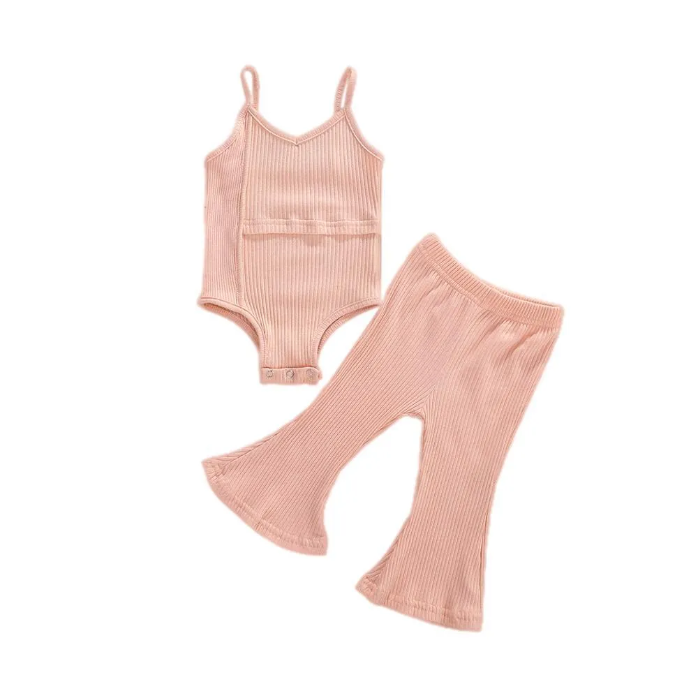 2020 Baby Summer Clothing Newborn Baby Girl Solid Sleeveless Romper Top+Long Bell Pants Bottoms Outfits Ribbed Clothes Sets 0-3Y