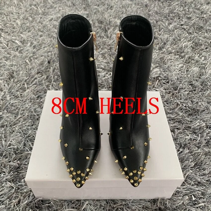 2020 Fashion Women Boots 10cm High Heels Rivets Ankle Boots Plus Size 42 Thin Heels Winter Boots Stiletto PU Leather Black Shoes