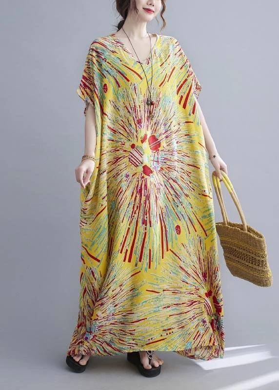 Casual Yellow Print Cotton V Neck Oversize Summer Dress ( Limited Stock)