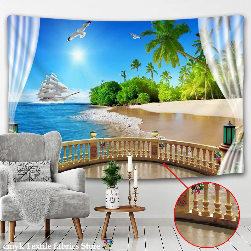 seaview room Tapestry Sea Coconut Tree Wall Hanging Beach Tapestries 3D Printed Large Wall Tapestry Boho Hippie Home Decor