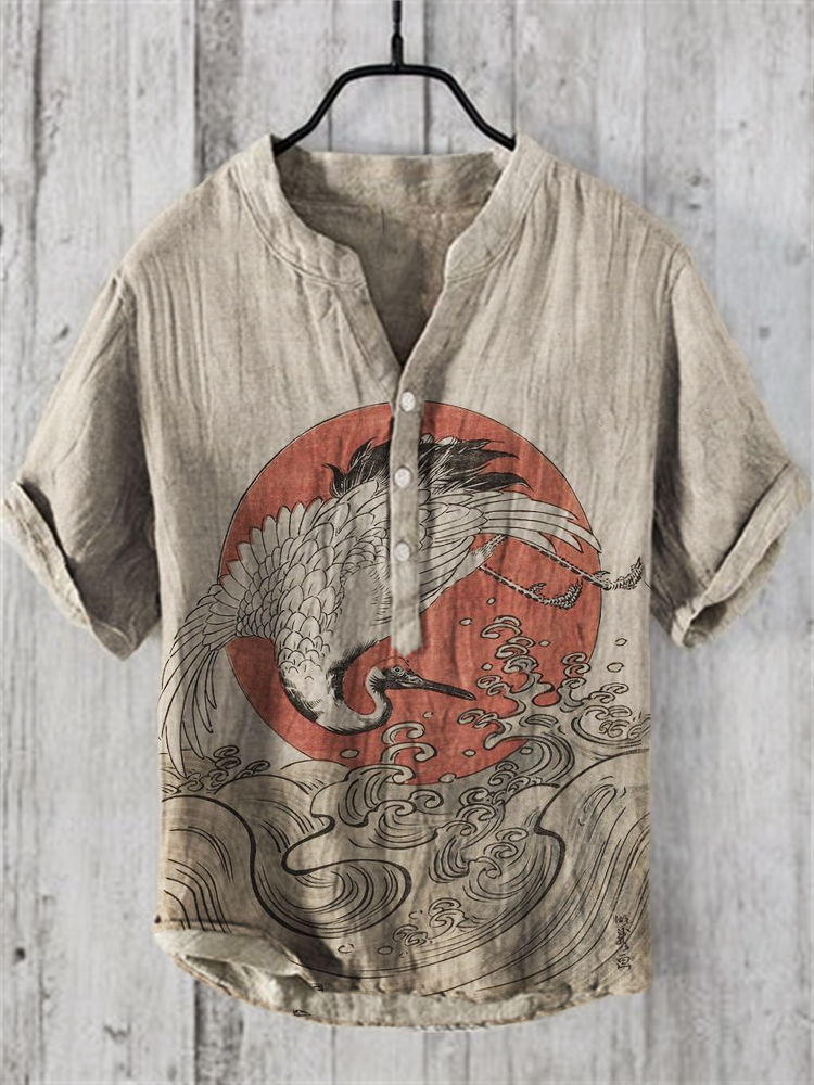 Cranes Sea Waves Sunrise Japanese Art Linen Blend Shirt