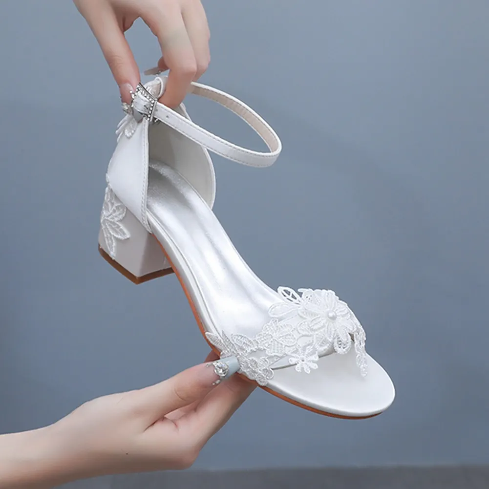 Breakj Breakj Cm Square Sandals Shallow Mouth With Coarse Sandals Horseshoes And White Lace Flowers Bride Wedding Shoes