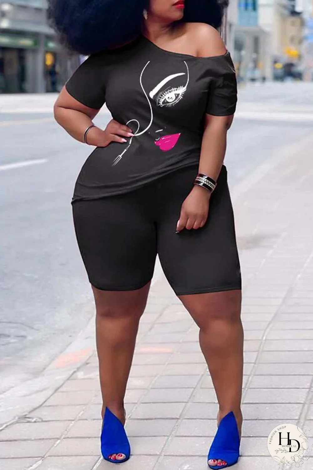 Rose Red Casual Print Basic Oblique Collar Short Sleeve Two Pieces