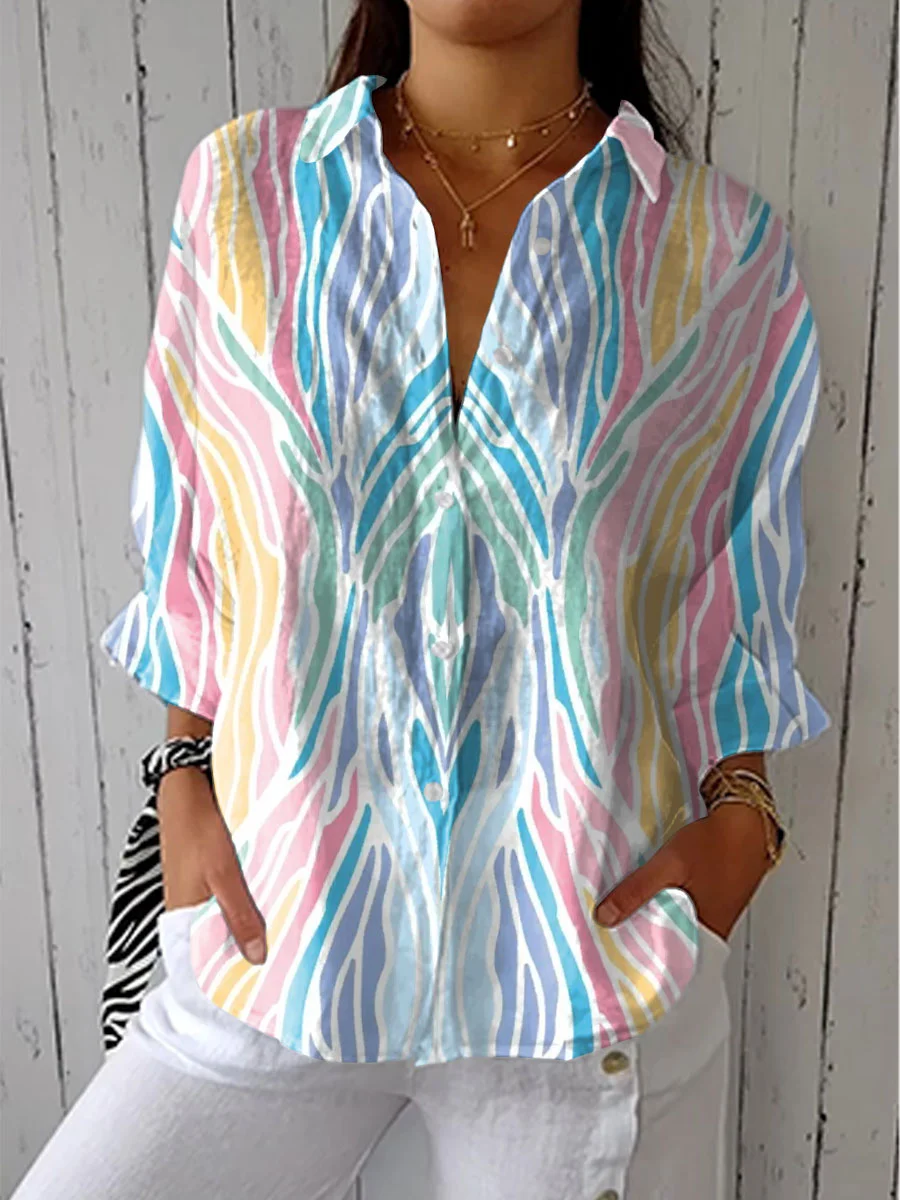 Women's Fashion Color Block Art Print Casual Linen V-neck Shirt