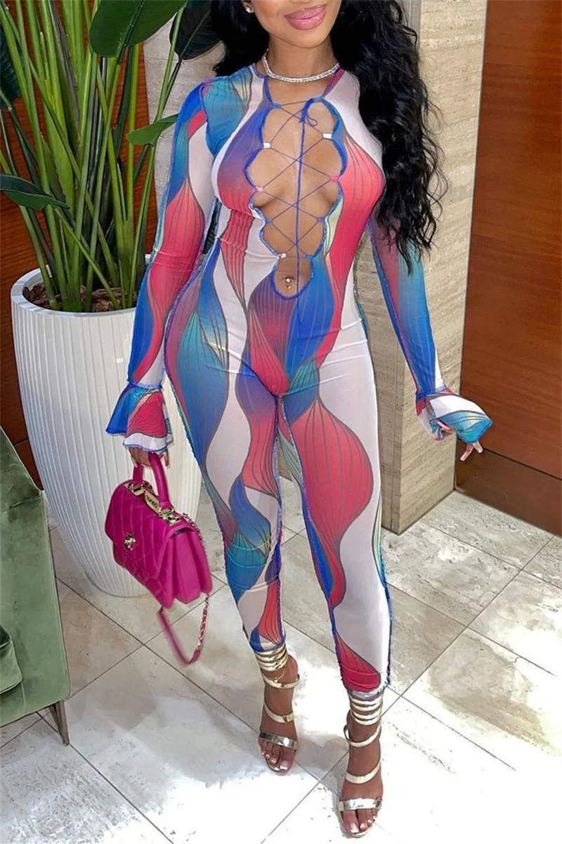 Fashion Casual Print Bandage Hollowed Out O Neck Skinny Jumpsuits