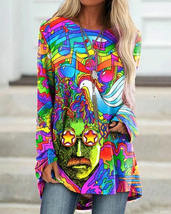 🔥kukelife🔥Hippie Music Art Crew Neck Casual Tunic