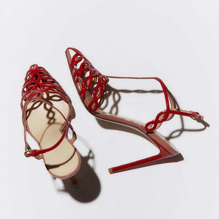 Women's Red Patent Leather T-Strap Heels Cut Out Detail Caged Sandals |FSJ Shoes