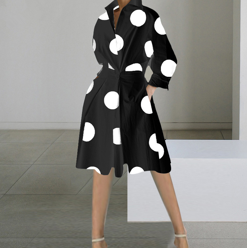 Mature Women Fashion Long Sleeve V-neck Printed Mid-length Dress