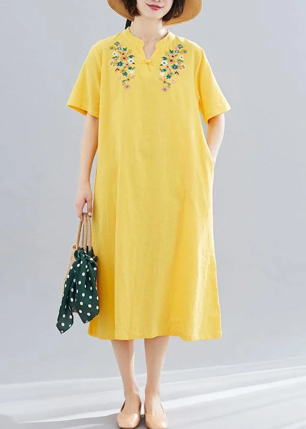 Loose yellow embroidery cotton clothes For Women v neck Dresses summer Dresses