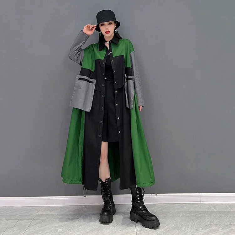 Fashion Turn-down Collar Contrast Color Patchwork Pockets Loose Coat