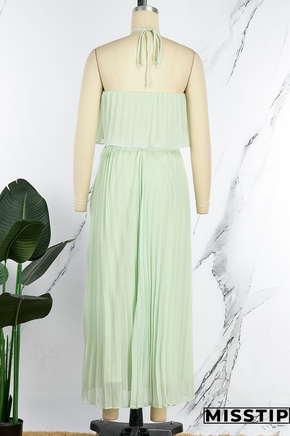 Mint green Casual Solid Bandage Backless Pleated Halter Sleeveless Two Pieces