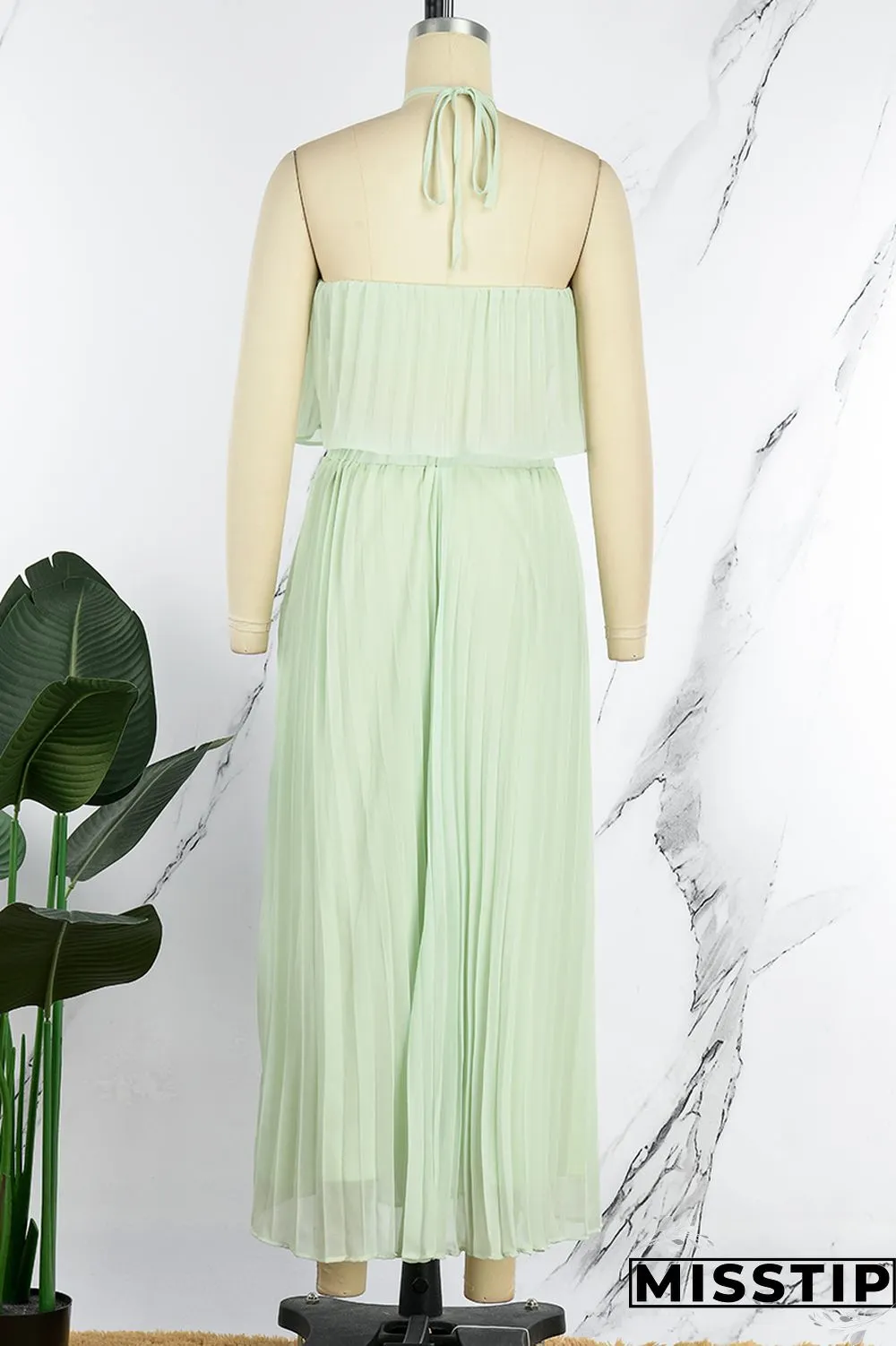 Mint green Casual Solid Bandage Backless Pleated Halter Sleeveless Two Pieces