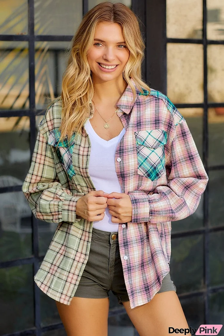 Contrast Plaid Long Sleeve Collared Neck Shirt