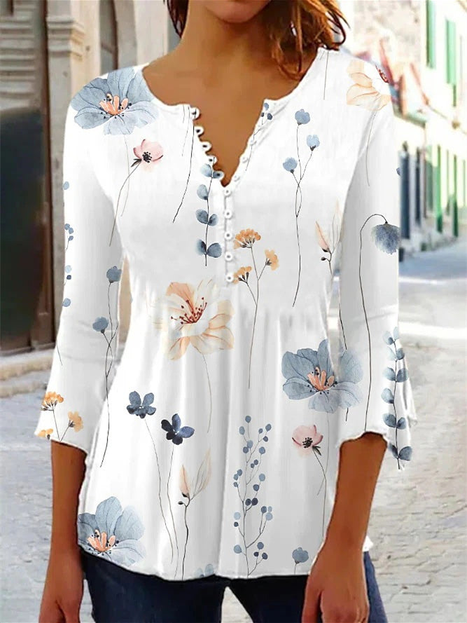 Women's Button Graphic Floral Printed V-Neck 3/4 Sleeve Top