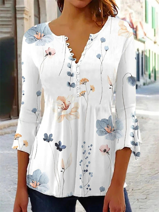 Women Long Sleeve V-neck Graphic Floral Printed Top