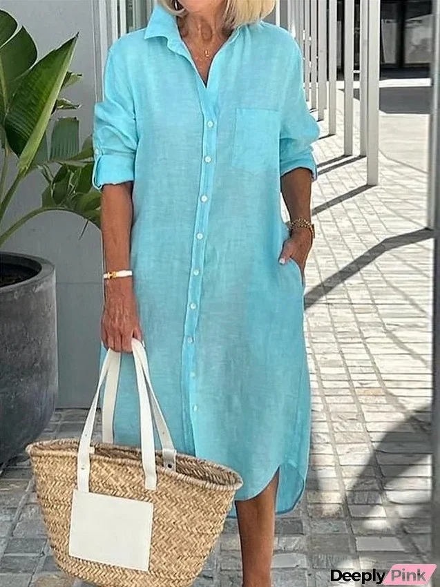 Shirt Dress Cotton Linen Dress Casual Dress Midi Dress Cotton Blend Fashion Classic Outdoor Daily Vacation Shirt Collar Button Pocket 3/4 Length Sleeve Summer Spring Fall Loose Fit Blue for Women