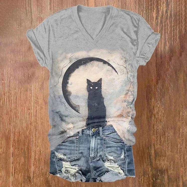 Halloween Vintage Cat Print T-Shirt