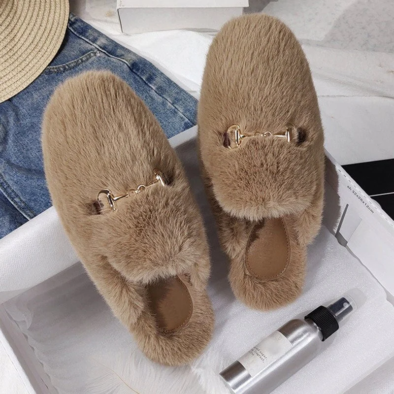 Women Mules Fur Slippers Home Winter Shoes Plush Female Fashion Warm Comfort Couple Flats Shoe Ladies Plus Size Elegant Luxury