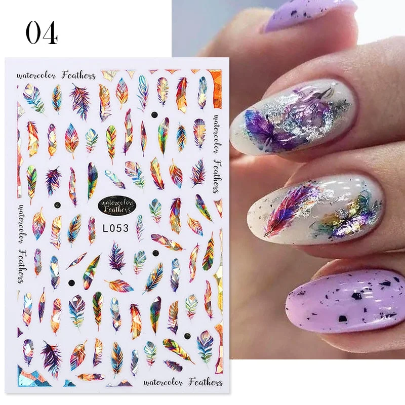 Iridescent Feathers 3D Nail Stickers Holographic Laser Flower Leaf Stickers Spring Summer Slider For Nails Manicures Decoration