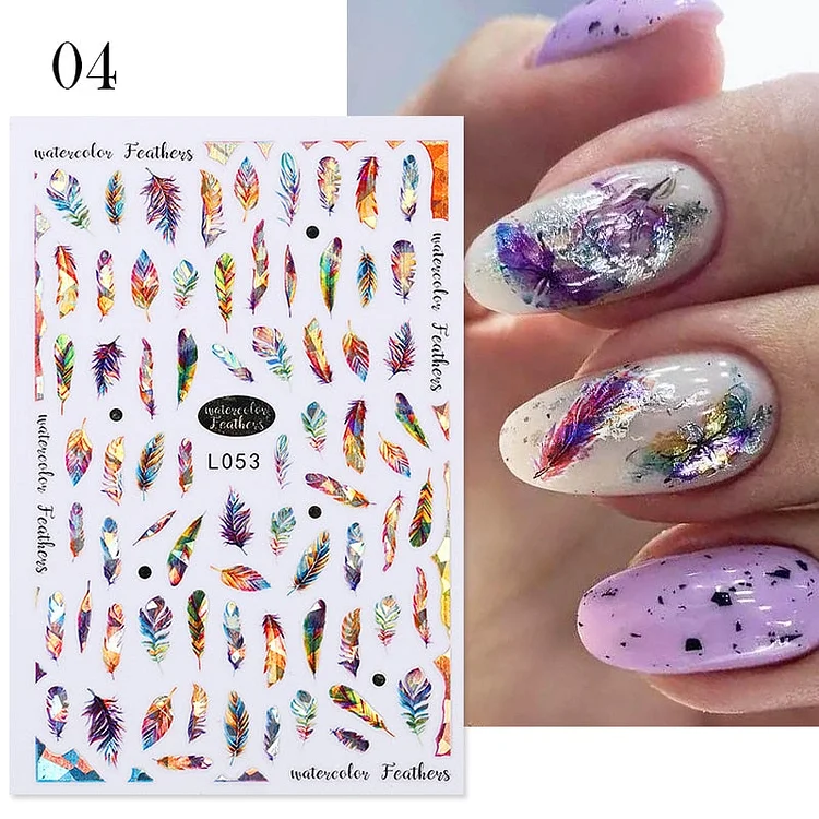 Iridescent Feathers 3D Nail Stickers Holographic Laser Flower Leaf Stickers Spring Summer Slider For Nails Manicures Decoration