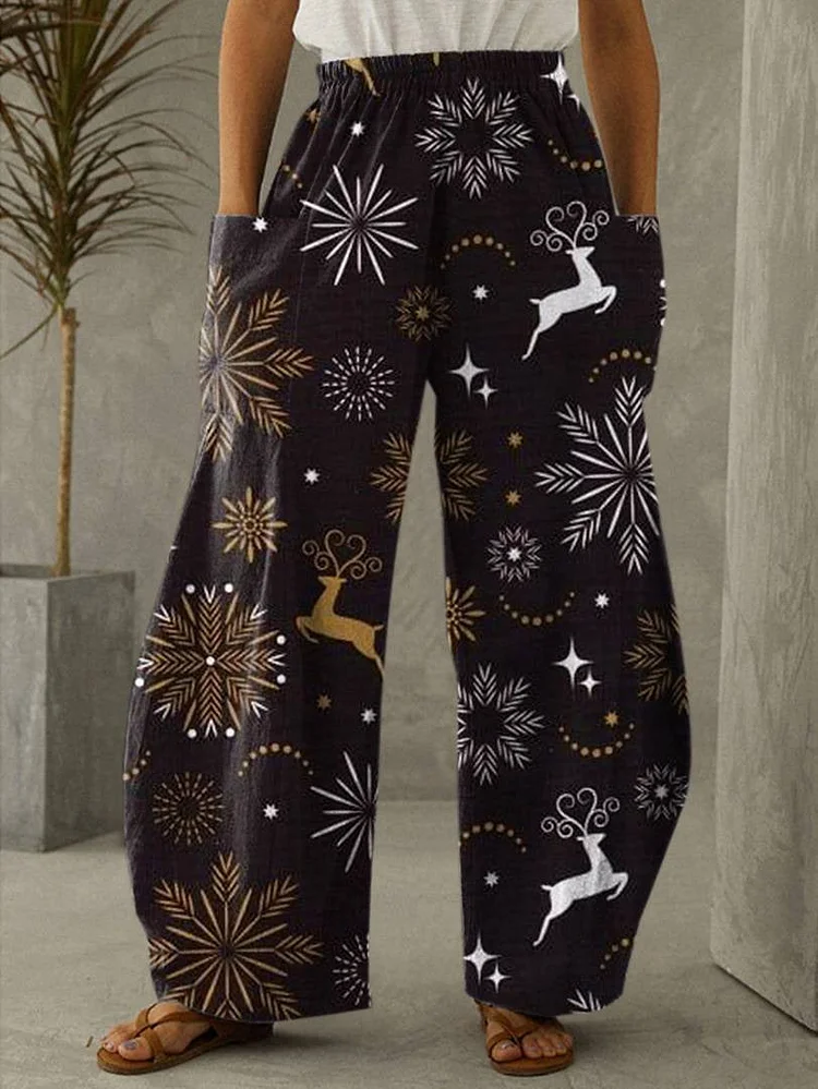 Christmas Snowflakes And Elk Vintage Casual Loose Pants