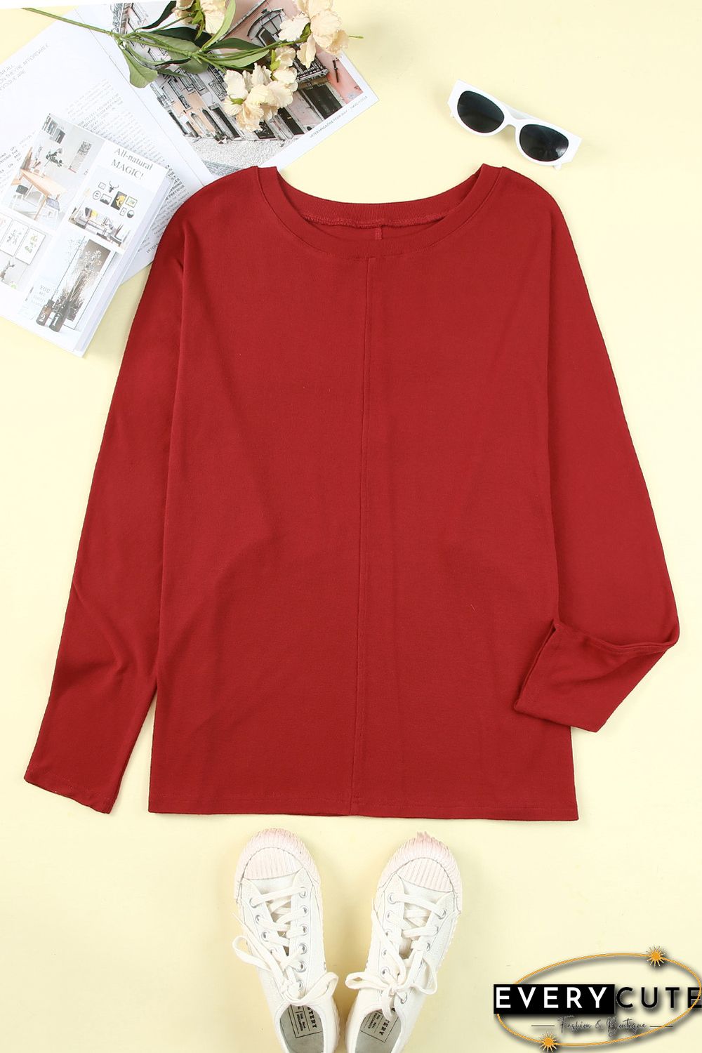 Red Solid Color Patchwork Long Sleeve Top