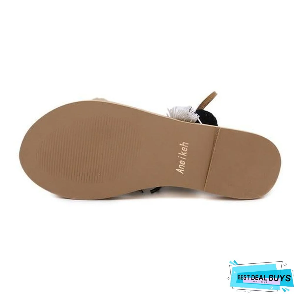 Bohemia Style Fringed Pompoms Gladiator Sandals Cross Strap Tie Up Flats Sandals