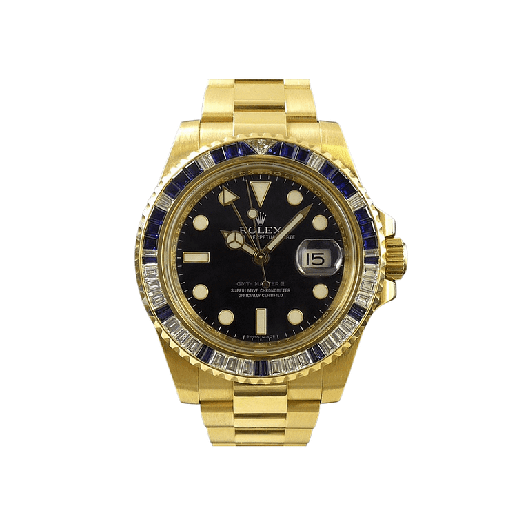 Rolex GMT-Master II 116748SA Yellow Gold Sapphire and Diamond Bezel Black Dial