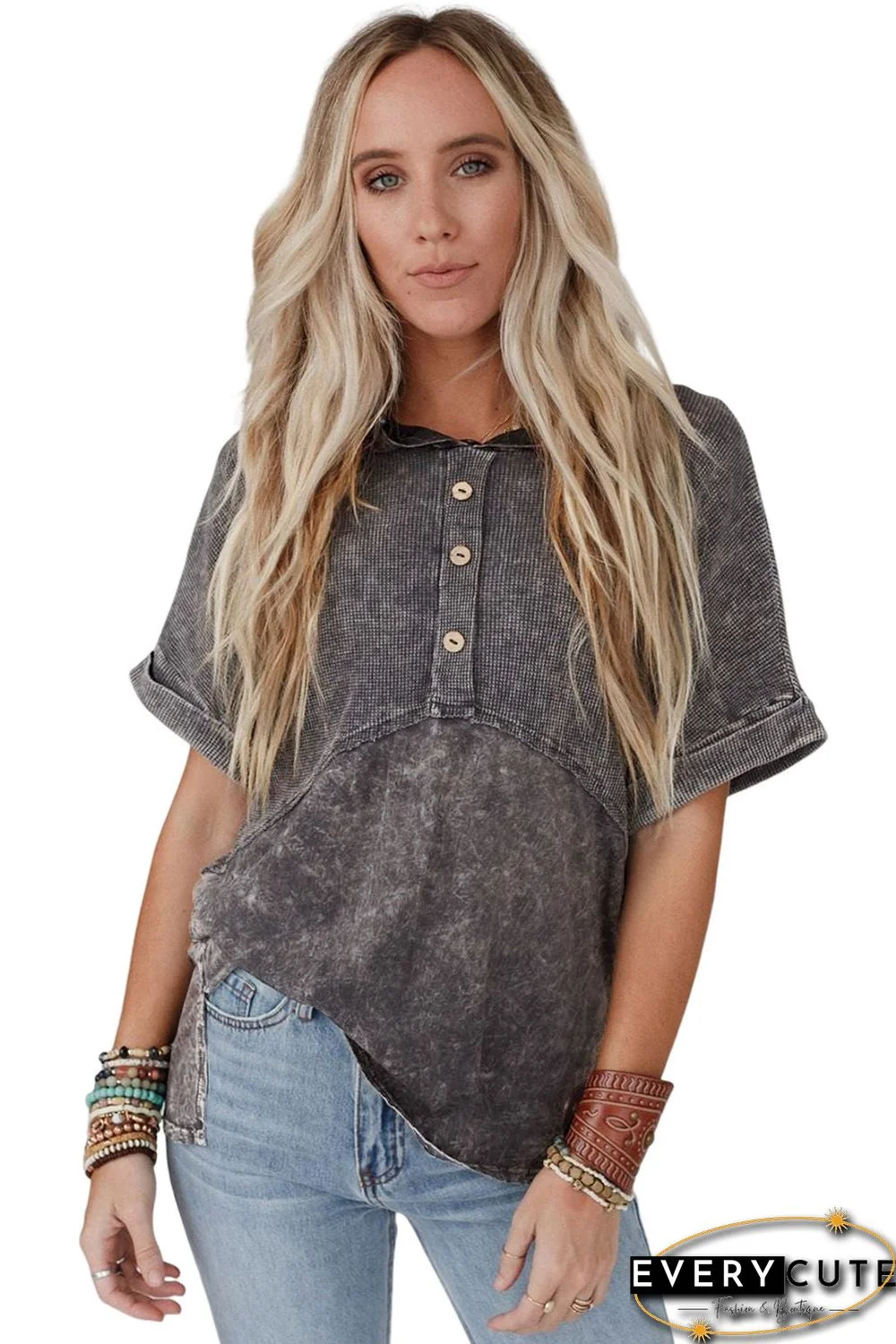 Black Waffle Knit Splicing Hooded Short Sleeve Top