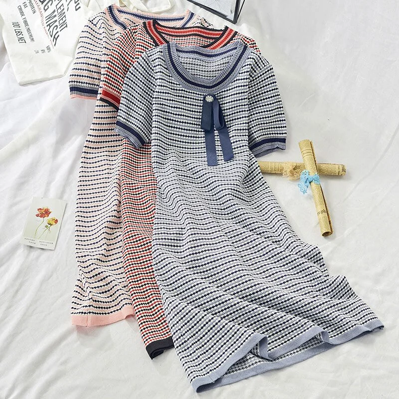 Toloer 2020 Summer New Preppy Style Striped Dress Vintage O Neck Bow Short Sleeve Dresses Korean Japanese Style Vestidos