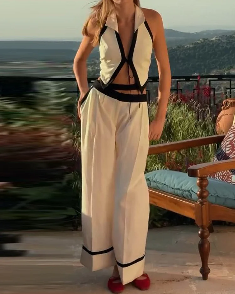Lapel sleeveless solid color two-piece suit