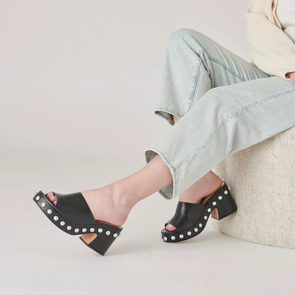 Black Round Toe Chunky Heel Platform Mules Shoes with Studded