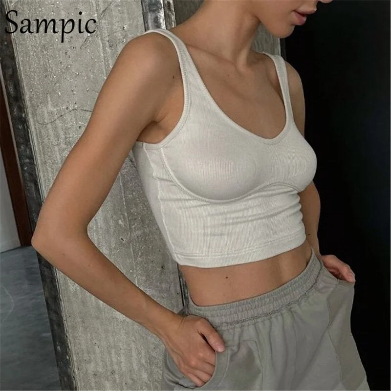 Sampic Green Knitted Summer Y2K 2021 Fashion Basic Skinny T Shirt Mini Vest Crop Tops Sexy Casual Ribber Off Shoulder Tank Tops