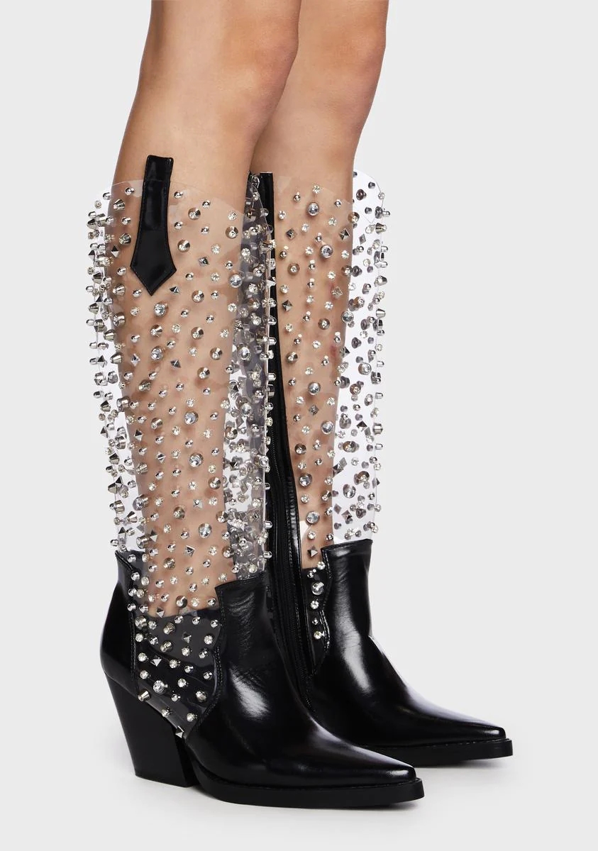 Women's Cowboy Boots Chunky Heel Rivet Pointed Toe Western Knee High Boots For Women Female Shoes