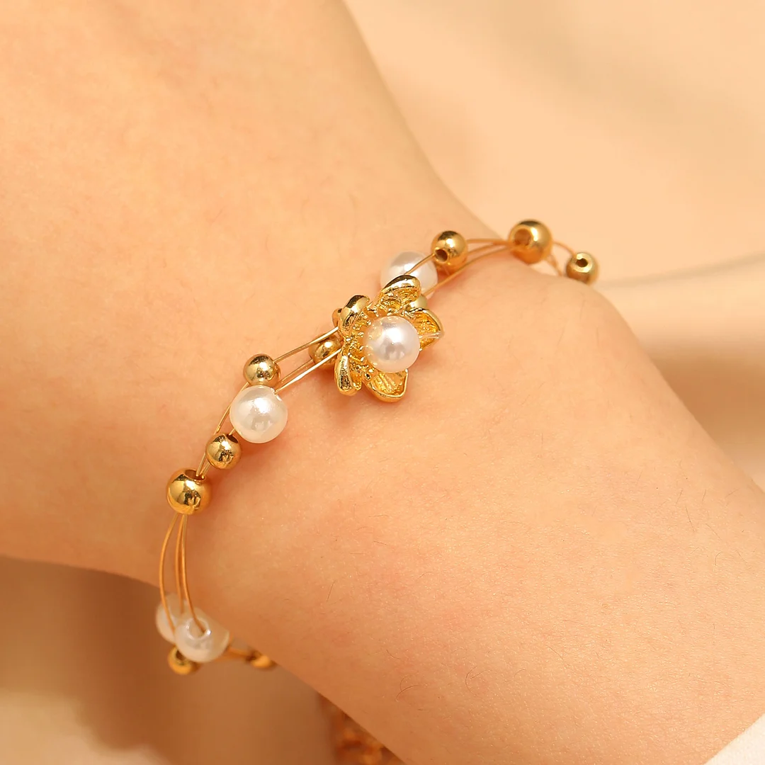 Colorful Pearls Round Beads Gold-Plated Bracelet