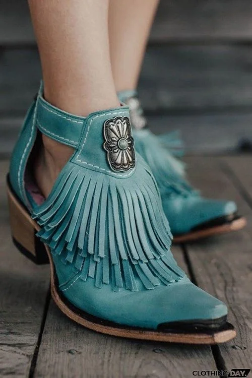 Hollow Tassels Chunky Heels Ankle Boots