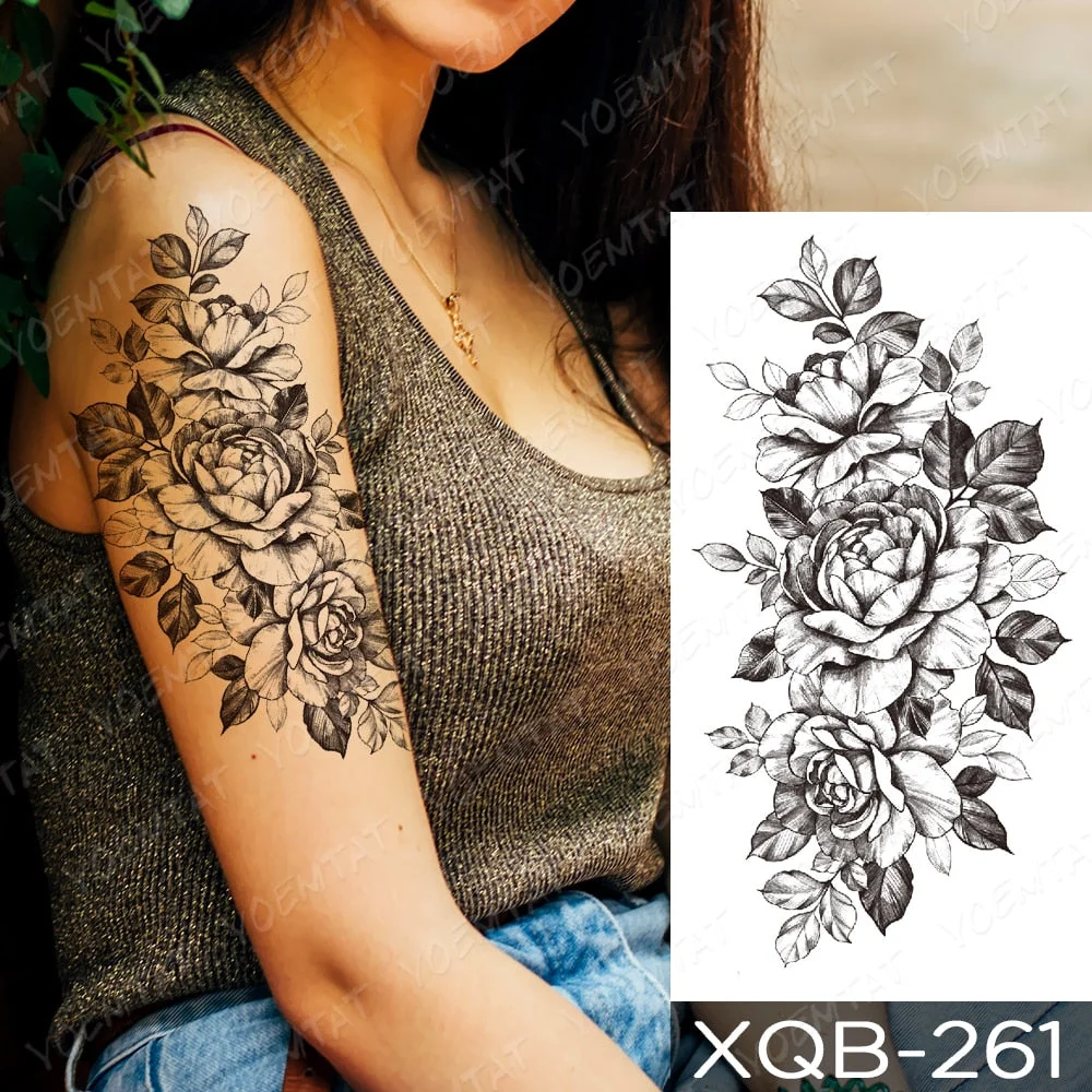 Waterproof Temporary Tattoo Sticker Orchid Flower Tattoos Peony Lotus Lines Painted Rose Body Art Arm Fake Sleeve Tatoo Women
