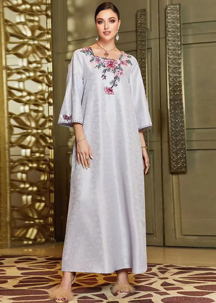 Jacquard Grey O-Neck Embroideried Silk Maxi Dresses Fall