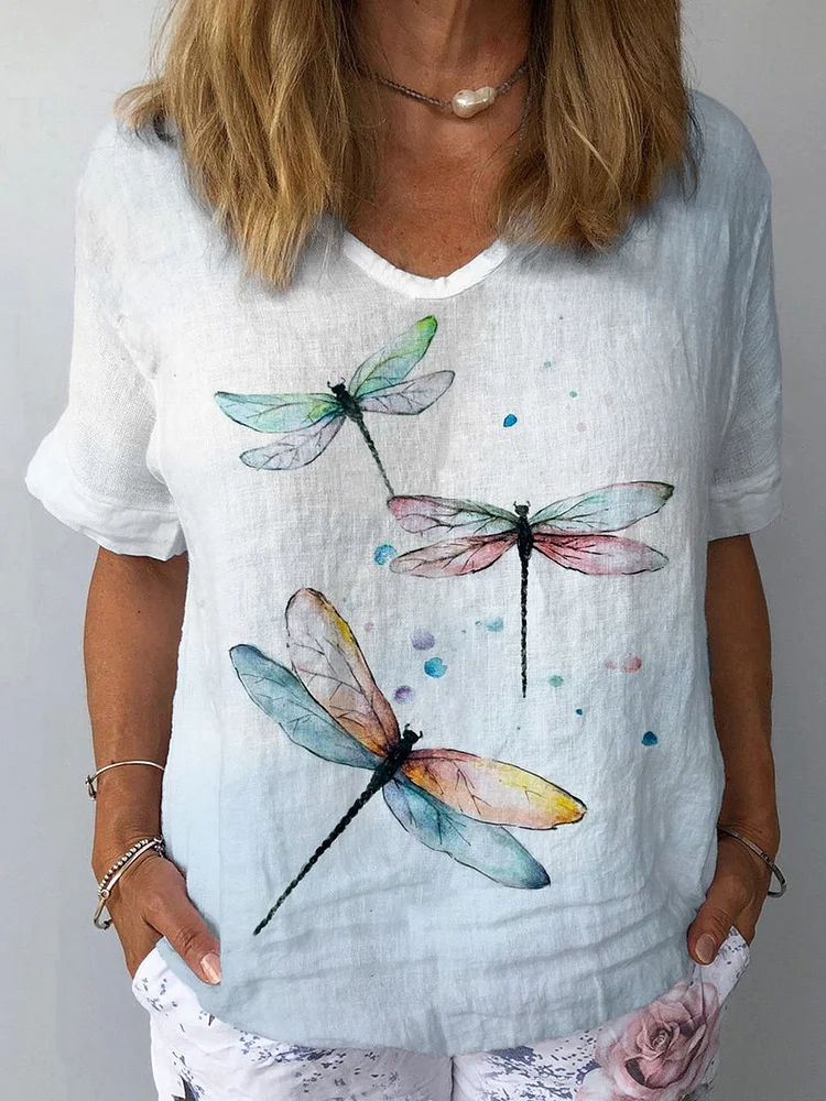 Womens Retro Floral Casual V-Neck Cotton And Linen Top