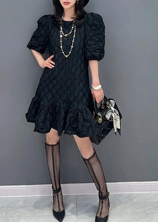 5.29Black Patchwork Slim Mid Dress Puff Sleeve