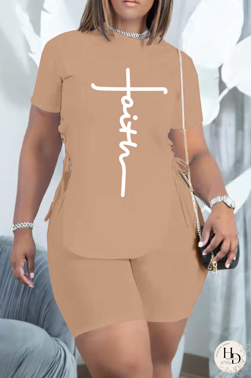 White Casual Print Draw String O Neck Short Sleeve Two Pieces