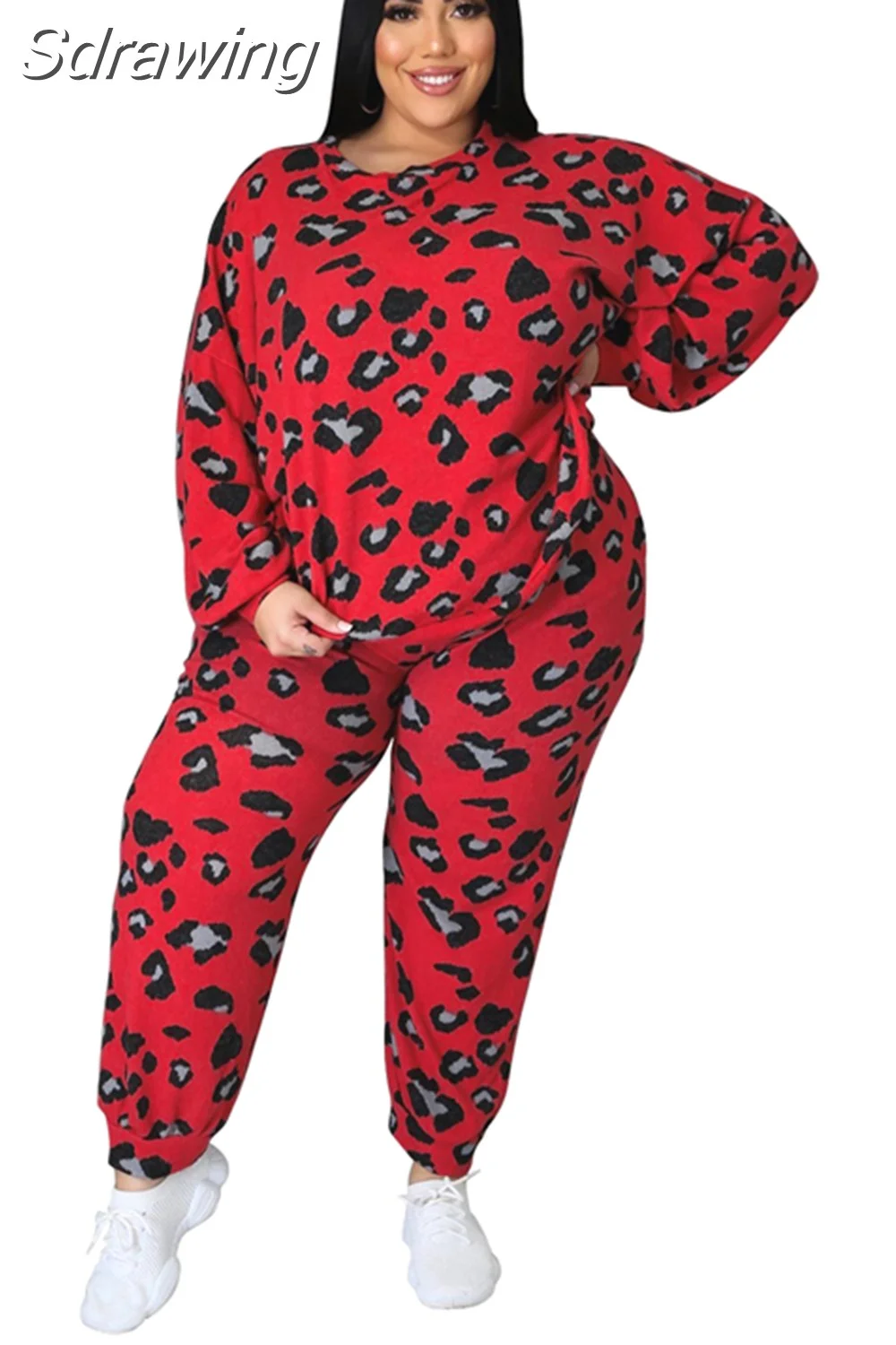 Sdrawing Size Women 5xl Sets Leopard Print Long Sleeve Tops And Pants 2023 Autumn Two Piece Sets Fashion Tracksuit Wholesale Clothes