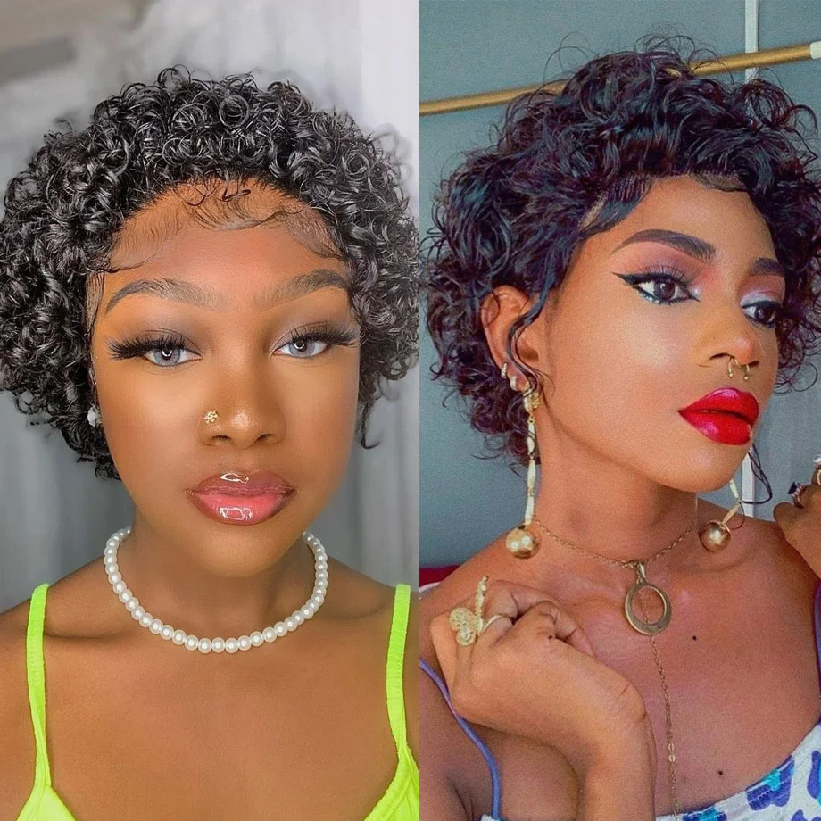 Short Wigs Curly Hair Transparent Lace Black ELCNEPAL