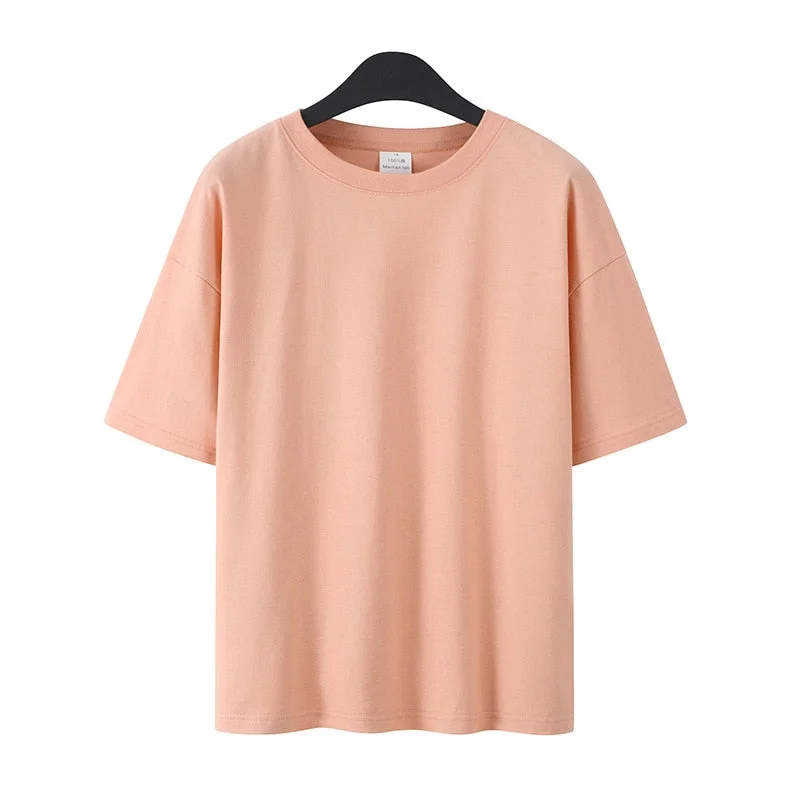 Summer T-Shirts Women Short Sleeve Lovers T shirt 100% Cotton Loose Lady Tops Tees Casual Solid Color White